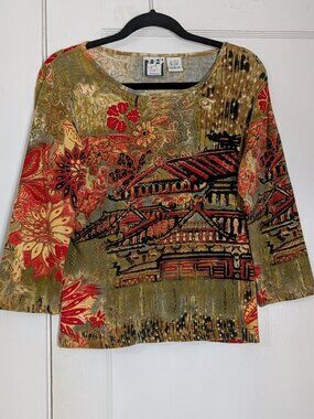 Take Two Clothing Women's Large Top Boho Beige Scenic Art To Wear Beaded Shirt